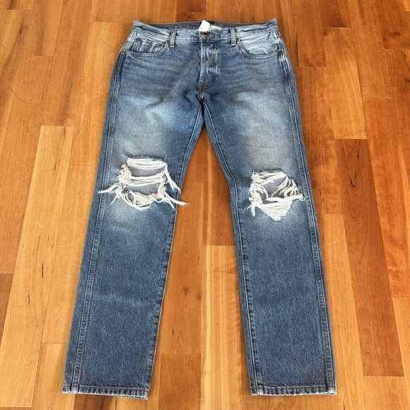 KHAITE Straight stovepipe jeans in blue Rigid Denim Distressed Women 26 New